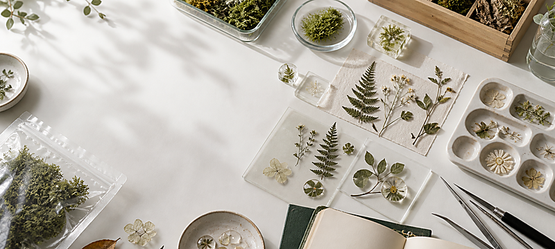 Close arrangement of pressed petals and leaves on a studio table