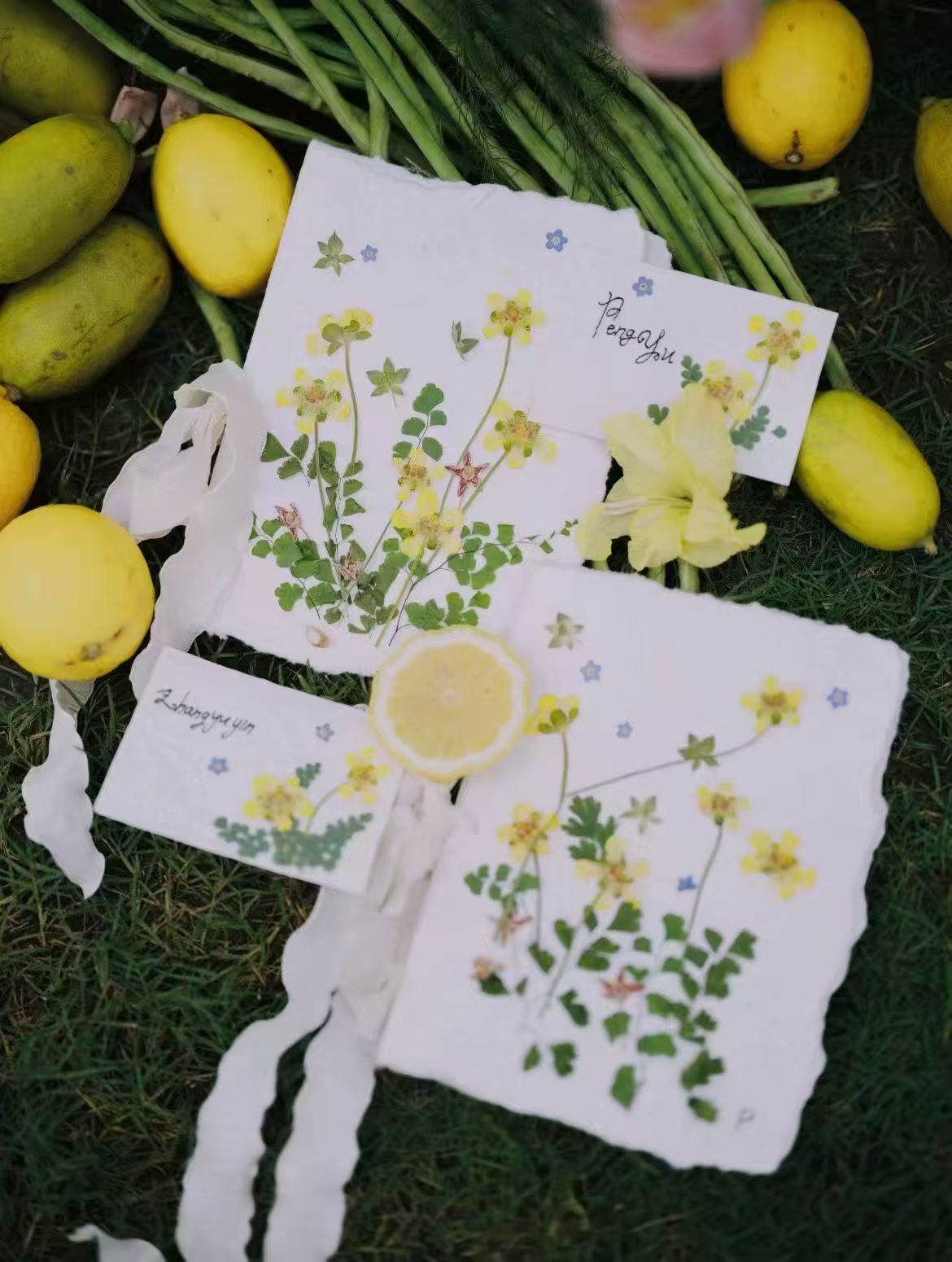 Set of handwritten wedding vow cards on a table